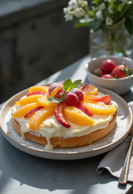 Vruchtentaart met biscuitbodem, vers fruit en gelei