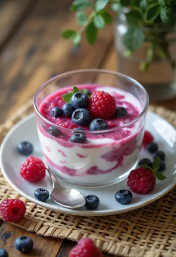 Rood fruit kefir in een glas, romige, roze-paarse drank met vers fruit