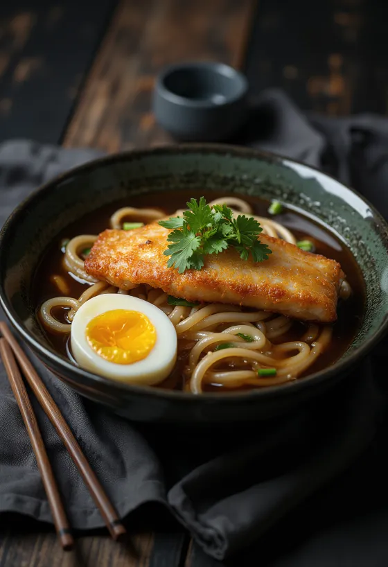 Ramen met gebakken vis, geserveerd met ei, lente-ui en chilipeper