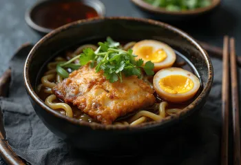 Ramen met gebakken vis, geserveerd met ei, lente-ui en chilipeper