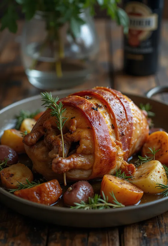 Gebraden fazant gewikkeld in pancetta met geroosterde groenten