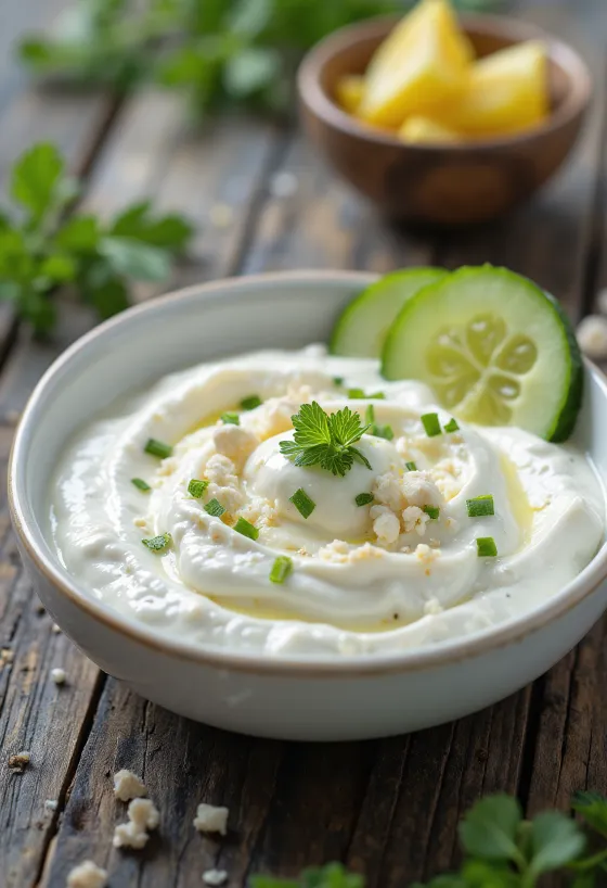 Romige Tirokafteri met feta en yoghurt, rijke fetacrème geserveerd met pitabrood en groenten