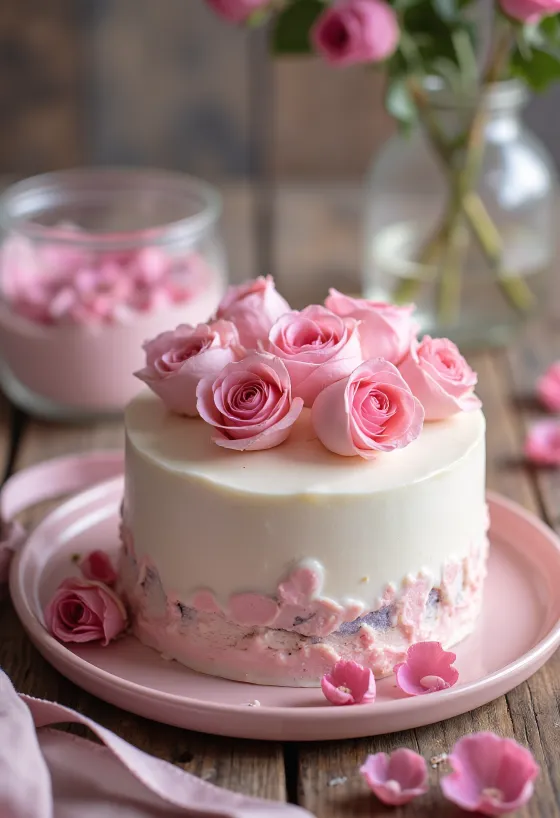 Valentijns rozentaart met witte fondant en rozenblaadjes