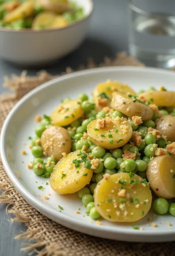 Aardappelovenschotel met doperwtencrème geserveerd
