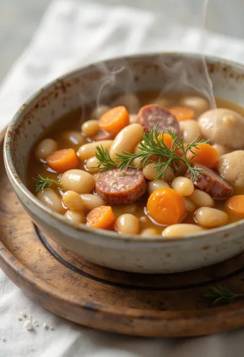 Traditionele bonensoep met csipetke, geserveerd met bouillon van gerookt vlees