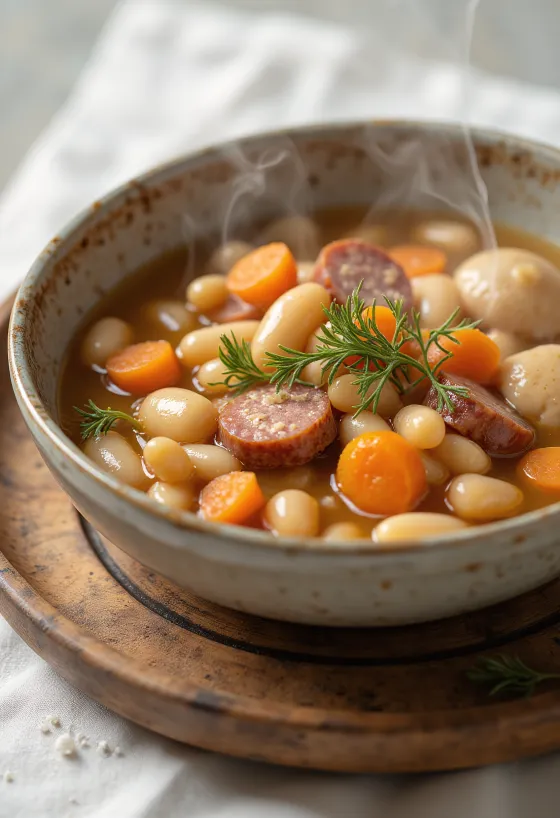 Traditionele bonensoep met csipetke, geserveerd met bouillon van gerookt vlees