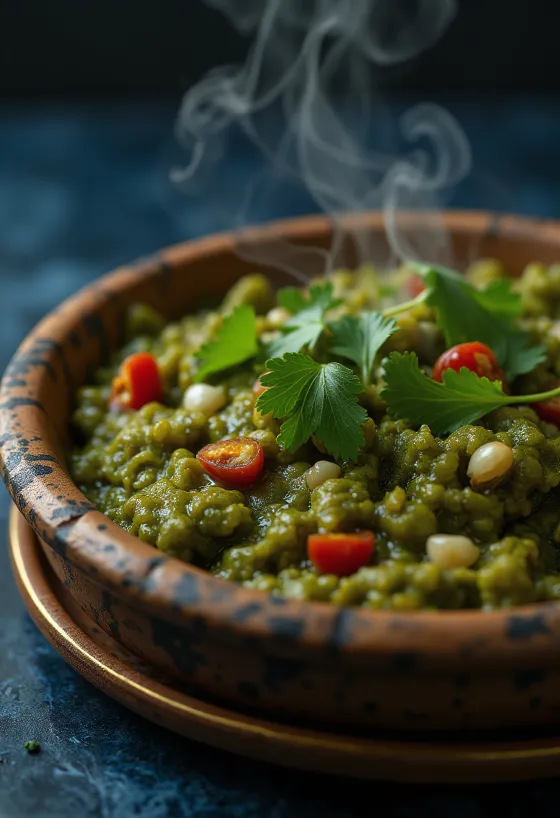 Callaloo met kokosmelk, geserveerd met verse koriander