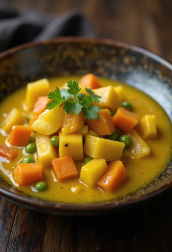 Groentesaus met curry in een kom, gegarneerd met verse koriander.