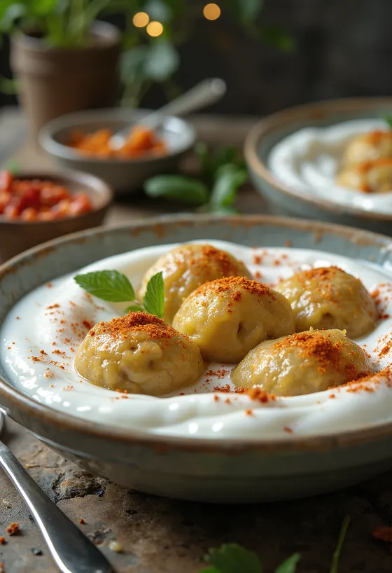Vers gemaakte Dahi Vada, met kruidige yoghurt, koriander en komijn.