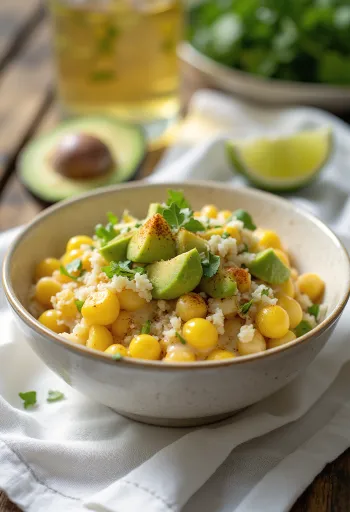 Verse en knapperige esquites geserveerd met avocado
