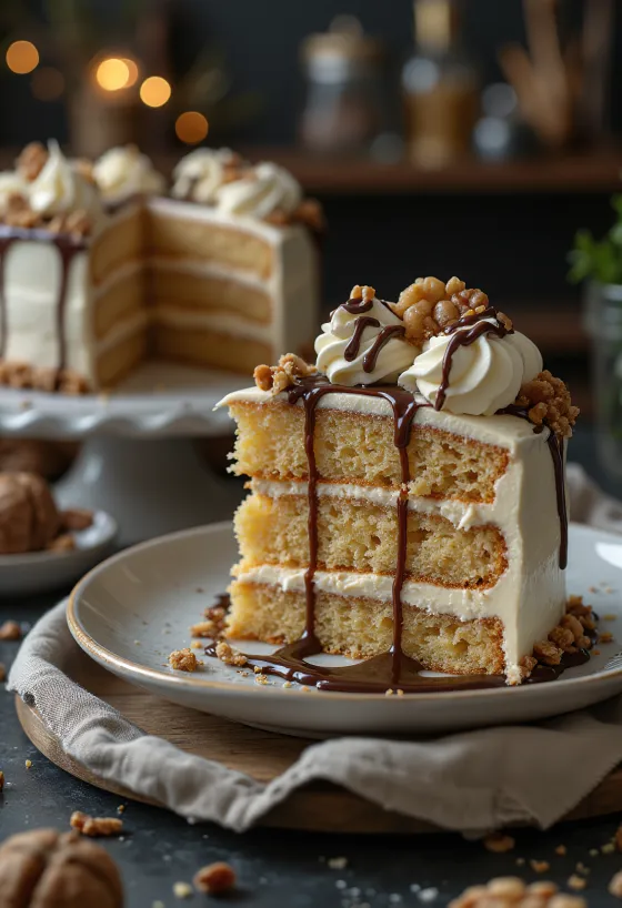 Kastanjetaart met walnotencrème geserveerd