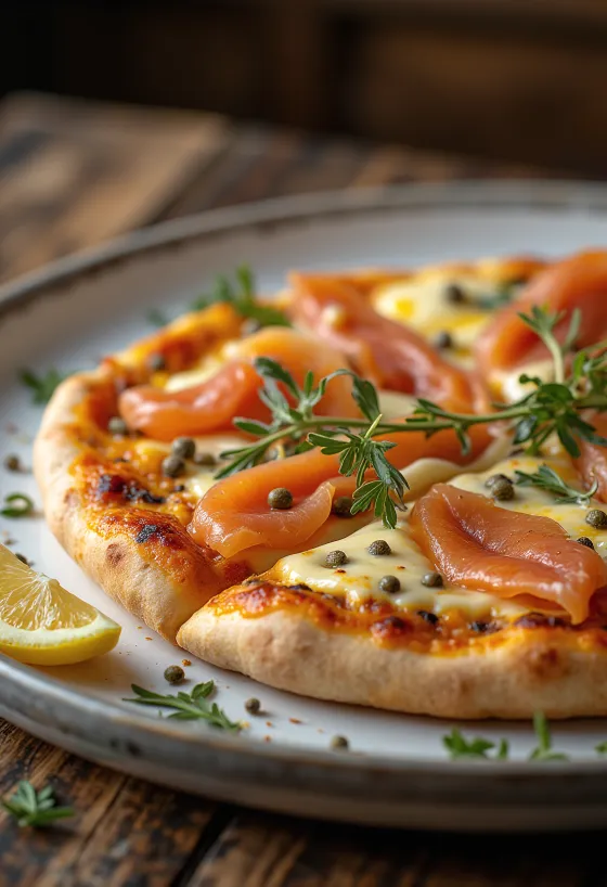 Pizza à la Norvégienne met gerookte zalm, kappertjes en crème fraîche