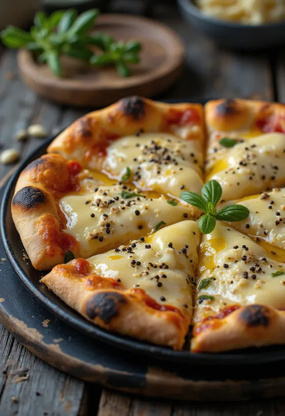 Pizza al Pepe met diverse kazen en verse peper