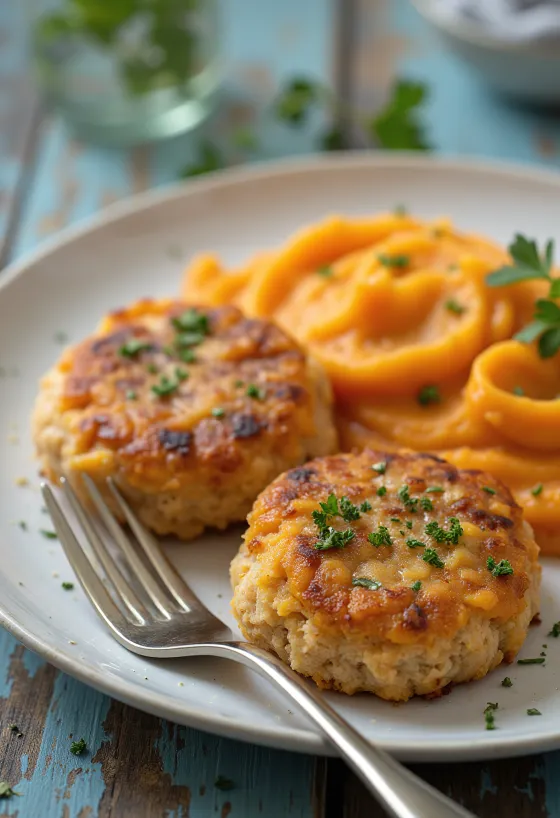 Kalkoengehaktballetjes met zoete aardappel geserveerd