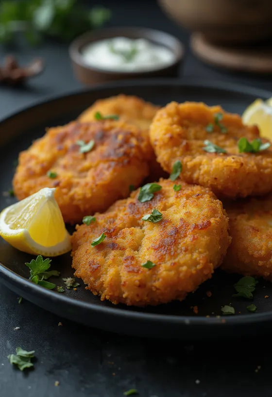 Gepaneerde buffelschnitzel geserveerd