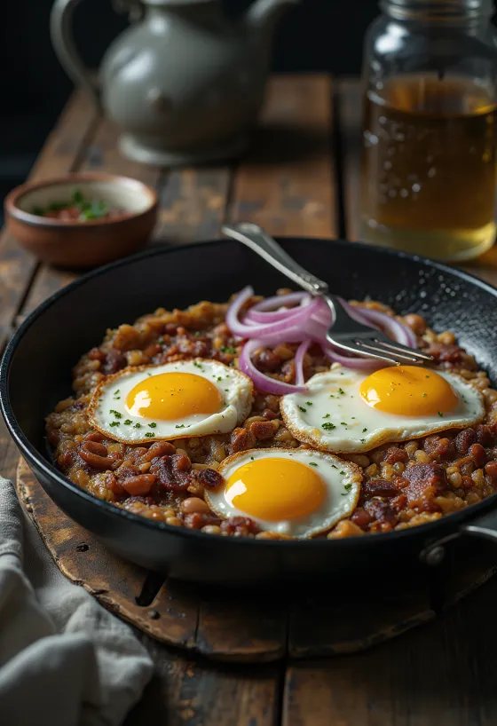 Tacu Tacu met ui, geserveerd met ei, mengsel van goudbruine rijst en bonen