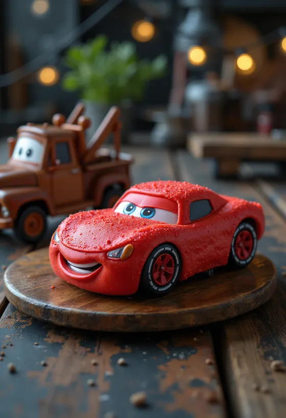 Cars-taart met rode fondantbekleding en auto-decoratie