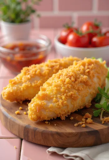 Goudbruin gebakken gepaneerde kipfilet, geserveerd met verse salade