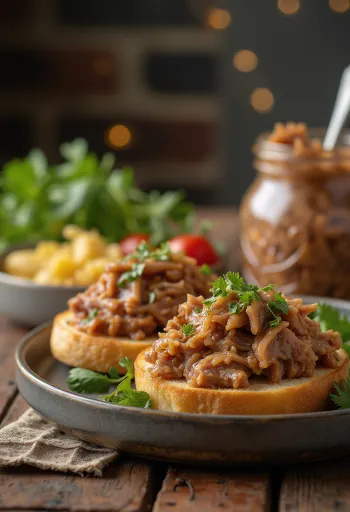 Eendenrillette geserveerd in een rustieke pot met brood en augurken