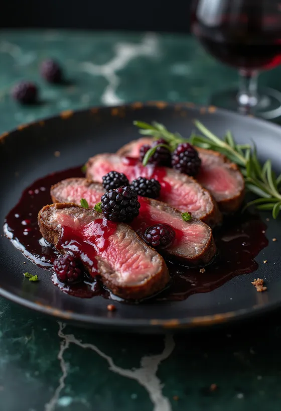 Wapitisteak met rode vruchtensaus geserveerd met groenten.