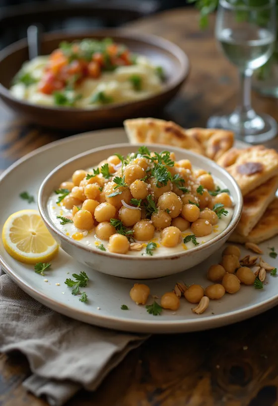 Fatteh met kikkererwten en citroensaus