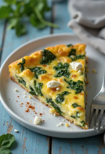 Frittata met spinazie en feta, vers geserveerd