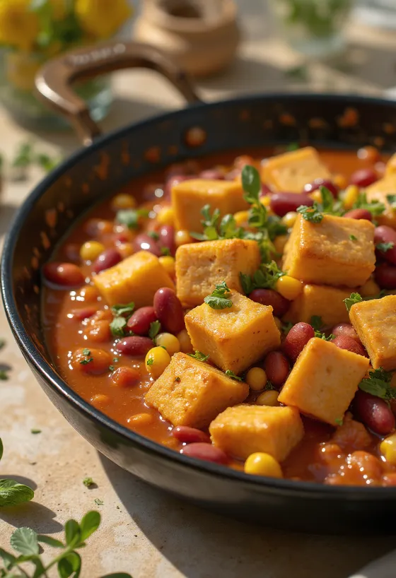 Kruidige tofu met bonen geserveerd