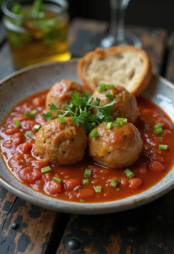 Gehaktballetjes in tomatensaus geserveerd in een dikke, zoetzure saus