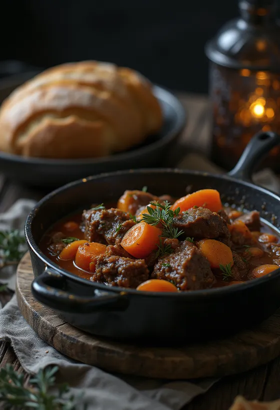 Pepperpot met rundvlees, geserveerd met vers brood en koriander