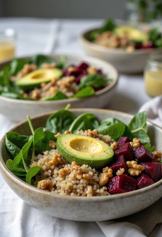 Quinoa buddha bowl met spinazie en rode biet