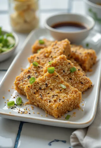 Tofu met sesamkorst, krokant en goudbruin gebakken, geserveerd met verse groenten.