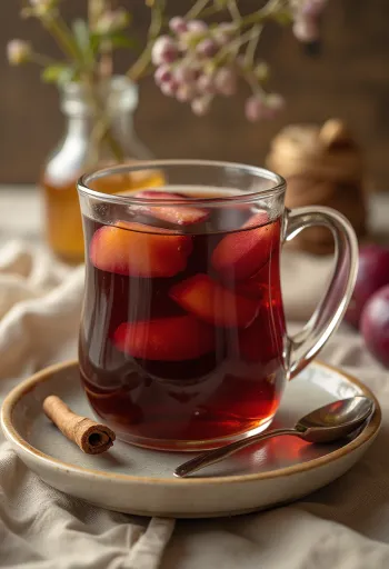Warme pruimenthee geserveerd in een glas
