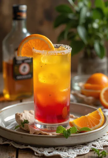Tequila Sunrise cocktail gegarneerd met sinaasappelschijfje en kers