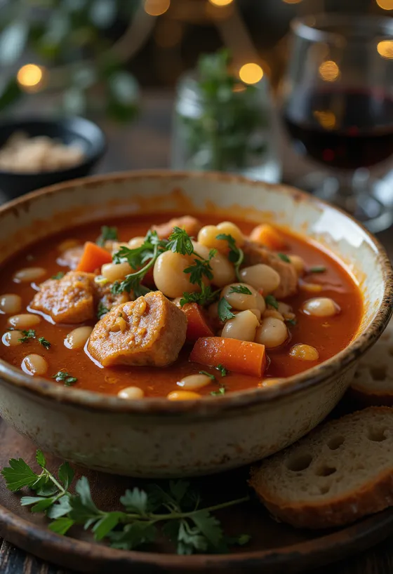 Traditionele bonengoulash geserveerd met rijke groenten en gerookt vlees