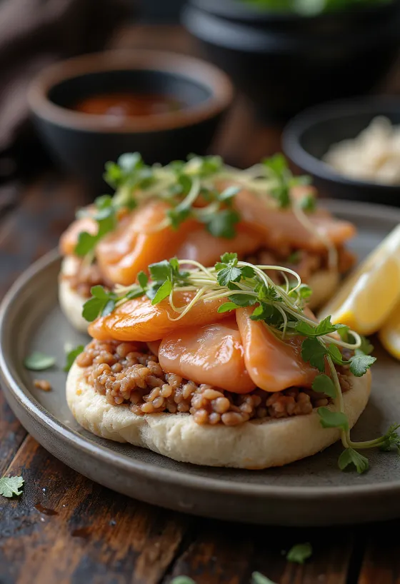 Gestoomde bao broodjes gevuld met gebakken zalm en lente-ui