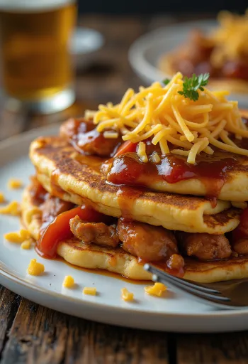 Pannenkoeken met BBQ-saus geserveerd