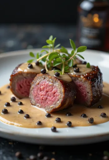 Emufilet met pepersaus geserveerd met groenten.