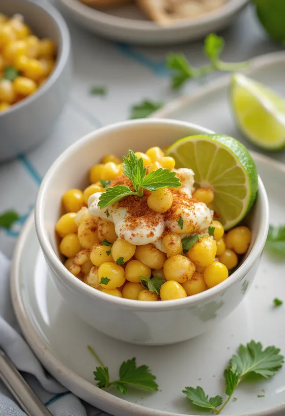 Esquites met limoen, geserveerd met verse koriander en kaas