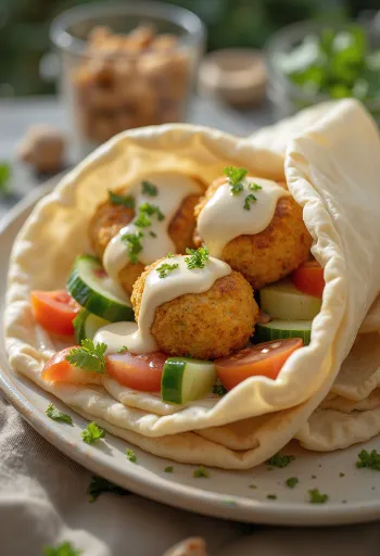 Falafel in pitabroodje met verse groenten en tahinisaus