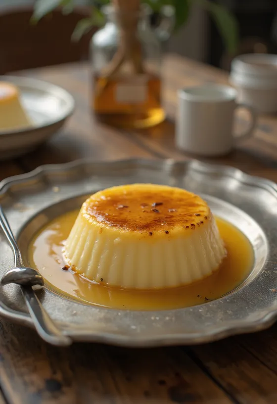 Flan met melk, geserveerd in karamelsaus