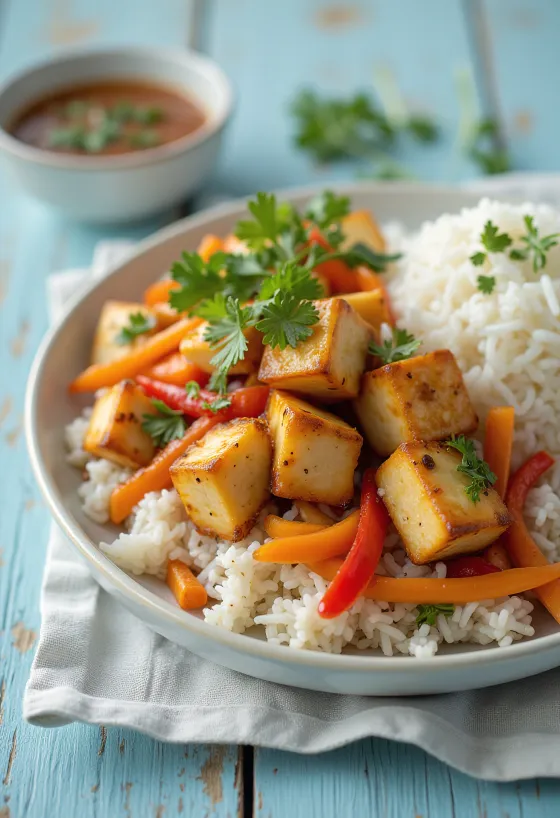 Kruidige tofu met rijst en groenten geserveerd