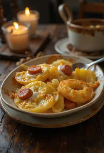 Aardappelschotel gelaagd met worst en ei, met zure room bovenop.