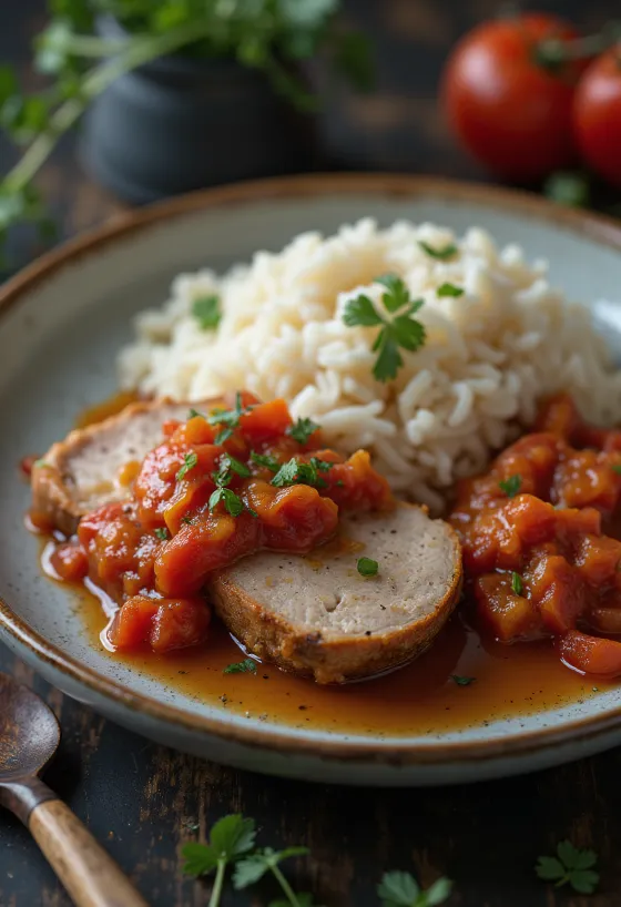 Varkensschouder met lecsó en rijst geserveerd