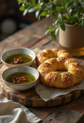 Simit met kruidige olijfolie, versierd met verse peterselie