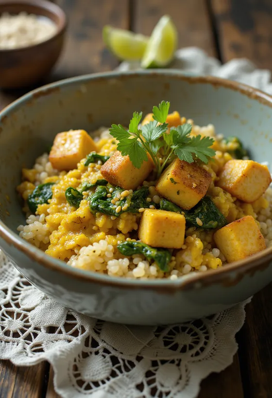 Quinoa-curry met spinazie en tofu
