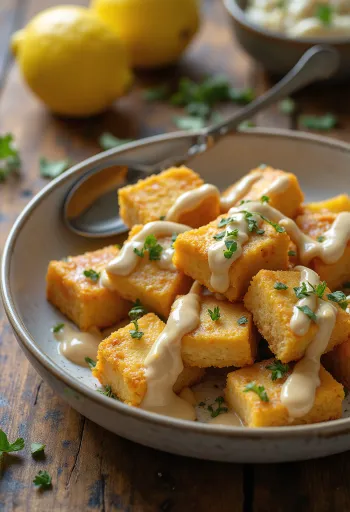 Gebakken tofu met citroen-tahinsaus geserveerd met verse peterselie en sesamzaad
