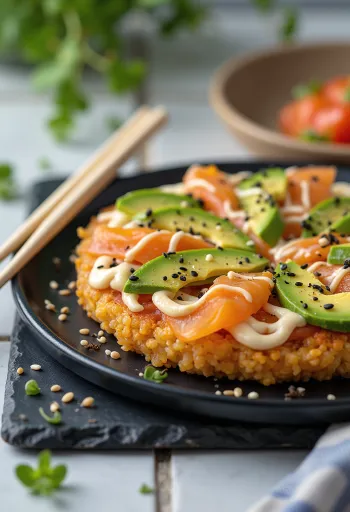 Sushi pizza met Japanse rijstbodem, zalm en avocado