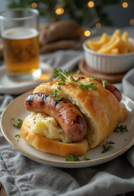 Tunnbrödsrulle met hotdog en aardappelpuree vulling