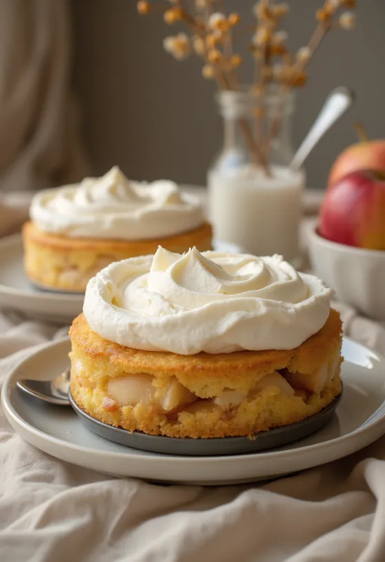 Luchtige appeltaart met room geserveerd met slagroom en appelschijfjes