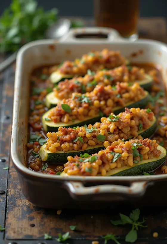 Kruidige gevulde courgette geserveerd